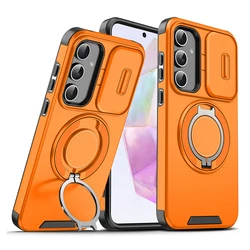 Magnetic Folding Stand Dual Layer Phone Case with Slide Lens Cover - Galaxy A37 (Orange)
