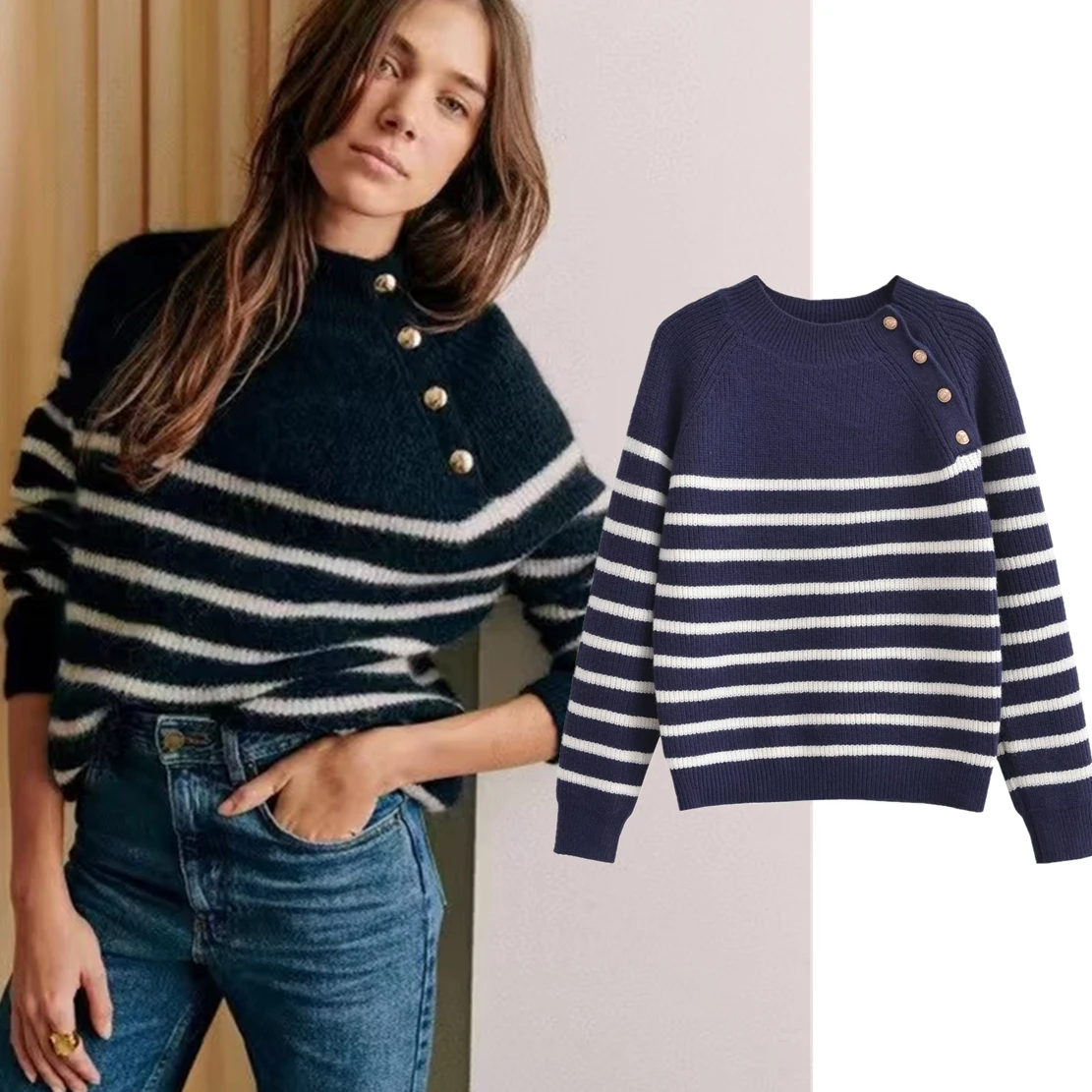

Withered Patchwork Navy Blue French Retro Striped Sweater Winter Button Decoration Fashion Knitwear Women Tops
