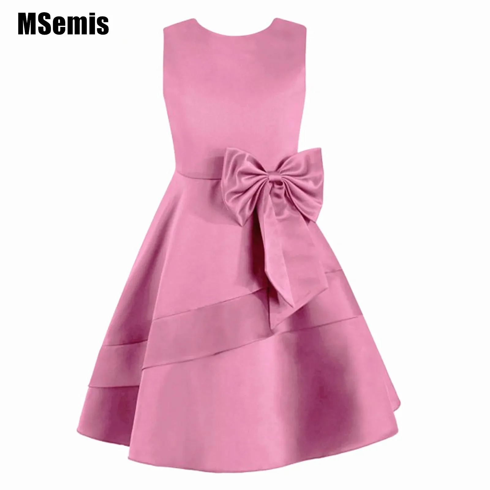 

Kids Girls Big Bowknot Decor Satin Party Dress Round Neck Sleeveless A-Line Solid Dress for Birthday Evening