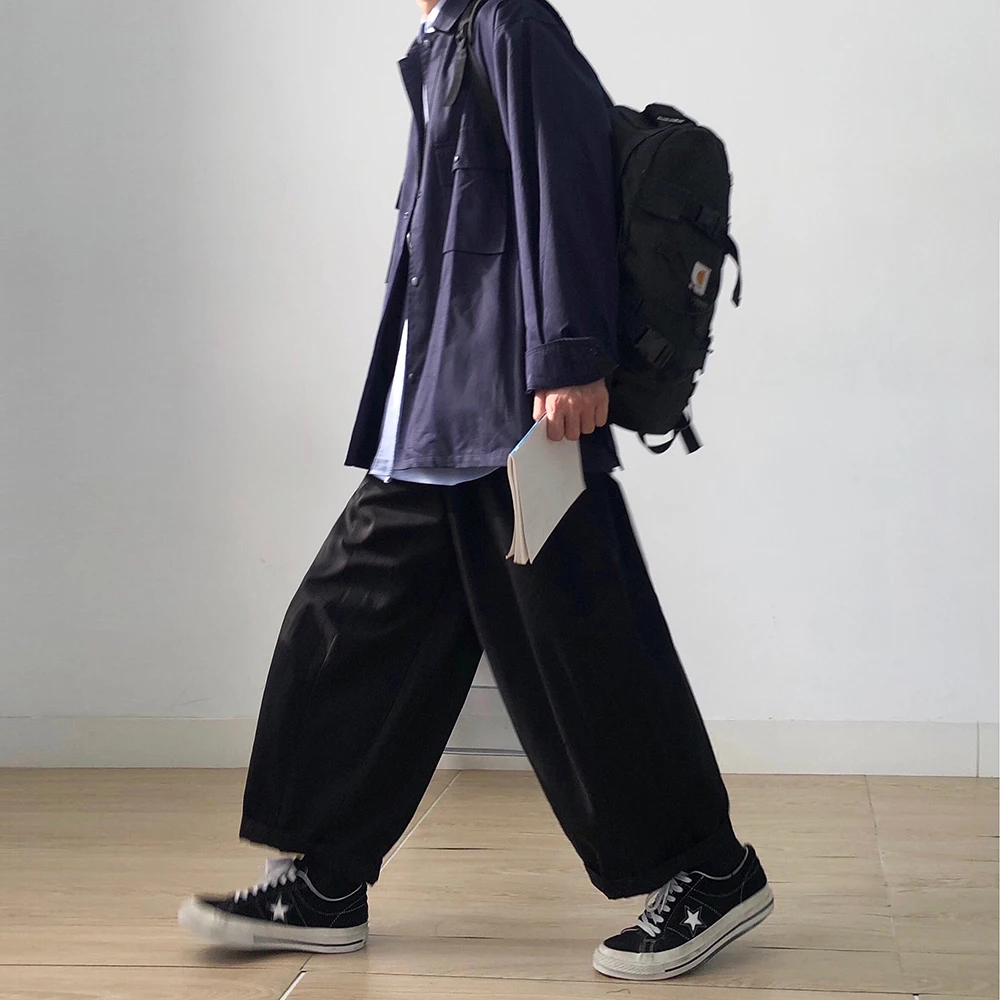 Men Solid Wide Leg Pants Amekaji Casual Elastic Waist Oversized Baggy Lantern