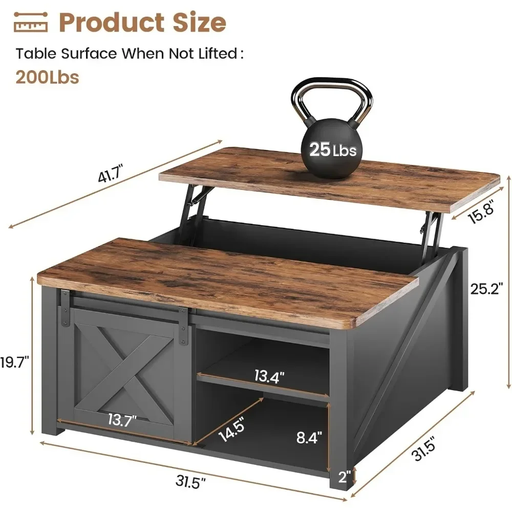 Lift Top Coffee Table with Storage, Square Coffee Table with Hidden Storage Compartment and Adjustable Shelves for Living Room