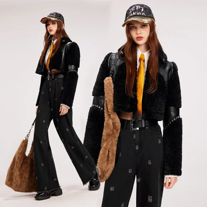 

Sandro Rivers Stitching Fur Short Coat Design Women's Cashmere Rivet Zipper Short Coat Ruffle Handsome Coat