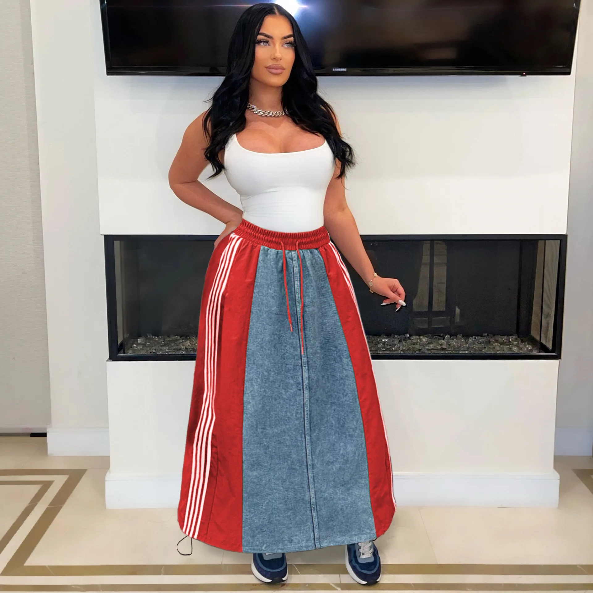 Denim Maxi Skirt High Waisted Red Denim Skirt High Street