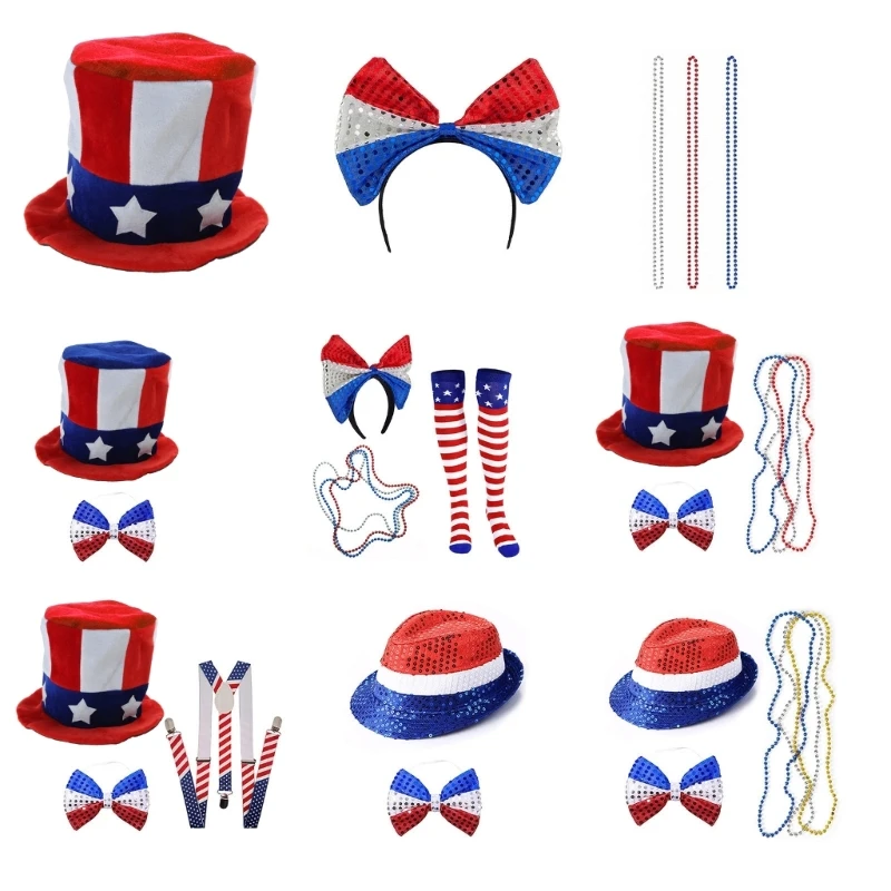 

F42F костюм на день независимости, аксессуары дяди-Сэма, цилиндр, шляпа с блестками, повязка на голову, ожерелья, чулки для и