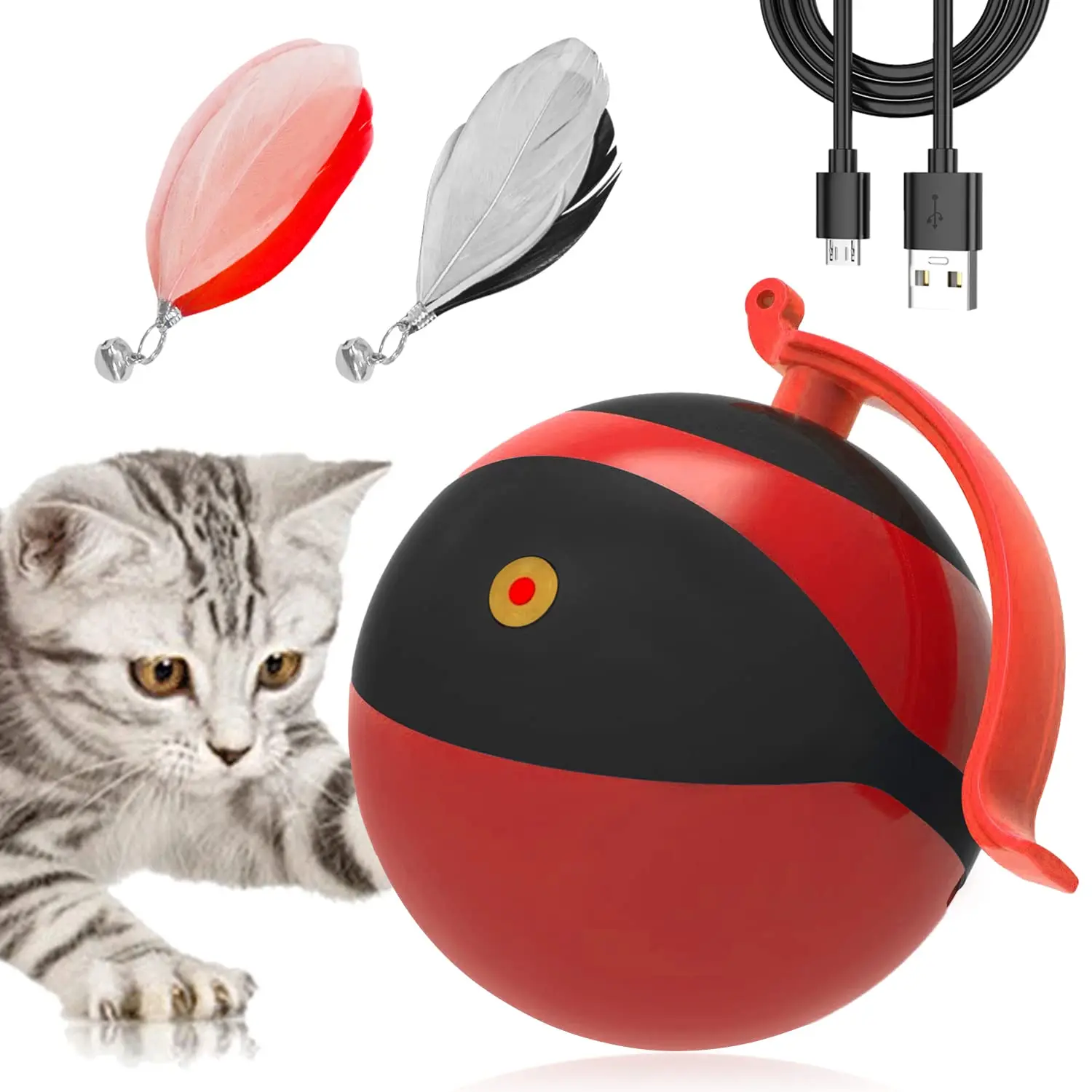 

Automatic Moving Ball Bundle Feather Kitten Interactive , Smart Electric Teaser Toys USB Rechargeable Hunting Exercise Toys