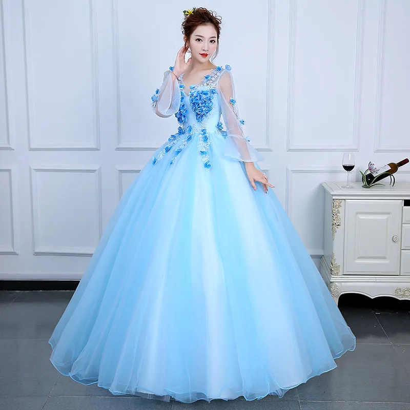 

Blue Pink Sheer Long Sleeve Mexican Girls Quinceanera Dress 2024 3D Flowers Appliqued Long Party Princess Sweet 15 Ball Gown