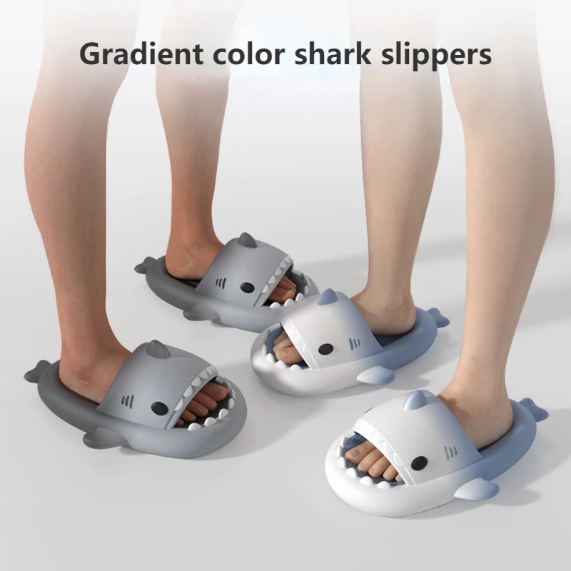 Cute Gradient Shark Slippers Women Men Outside Sandals Indoor Slides Couples Summer Shoes Parents Kids Soft EVA Beach Flip Flops 2