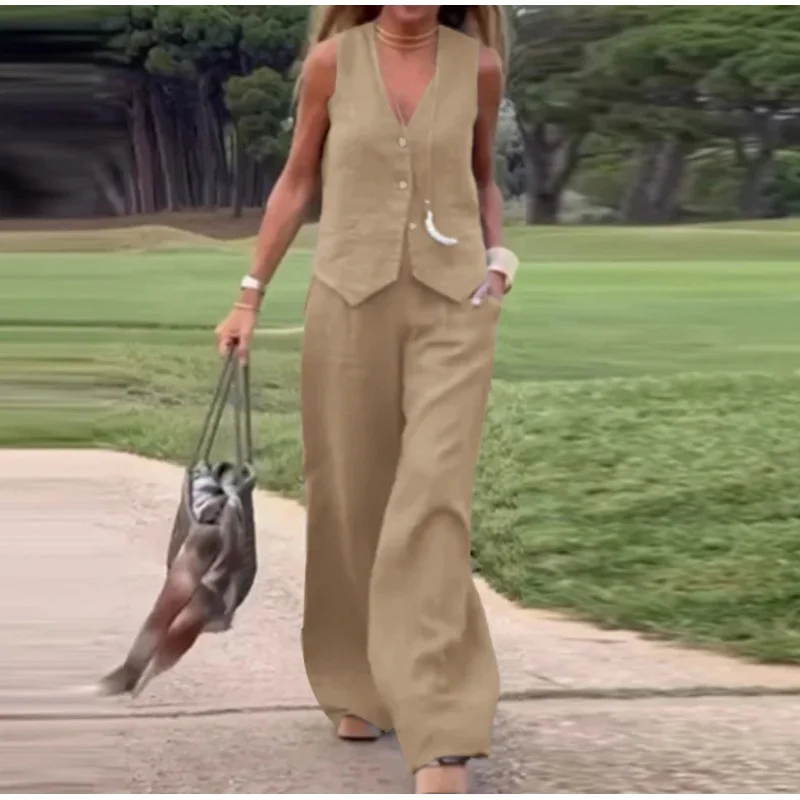 thumbnail image 1 of Clacive-Conjunto de dos piezas de lino blanco para mujer, camiseta sin mangas a la moda, última novedad, pantalones anchos de cintura alta a juego, verano 2024, 1 of 5