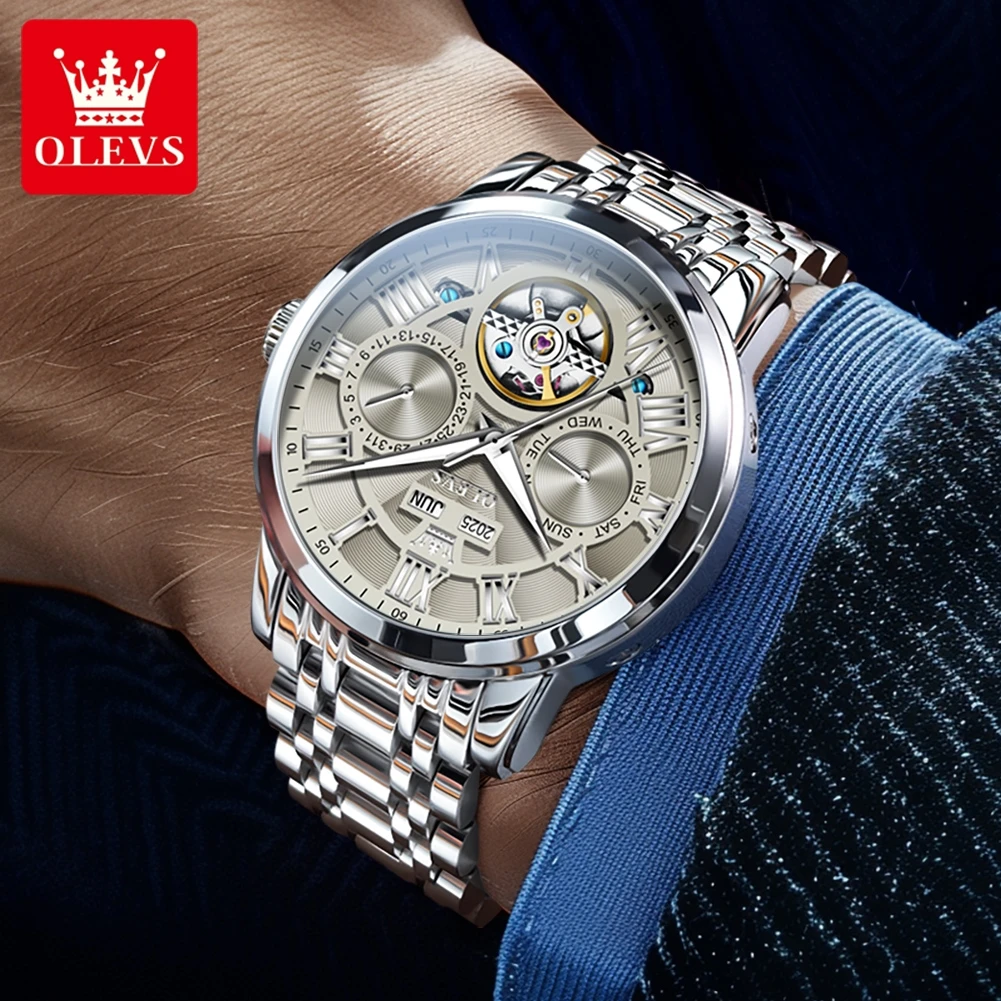OLEVS 6668 Luxury Skeleton Automatic Mechanical Men Watch Top Brand Movement Roman Scale Calendar Waterproof Business Men Watch 3