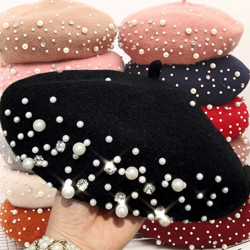 

Women Wool Rhinestone Pearl Berets French Artist Winter Warm Beanie Hat Retro Plain Beret Solid Color Elegant Lady Autumn Caps