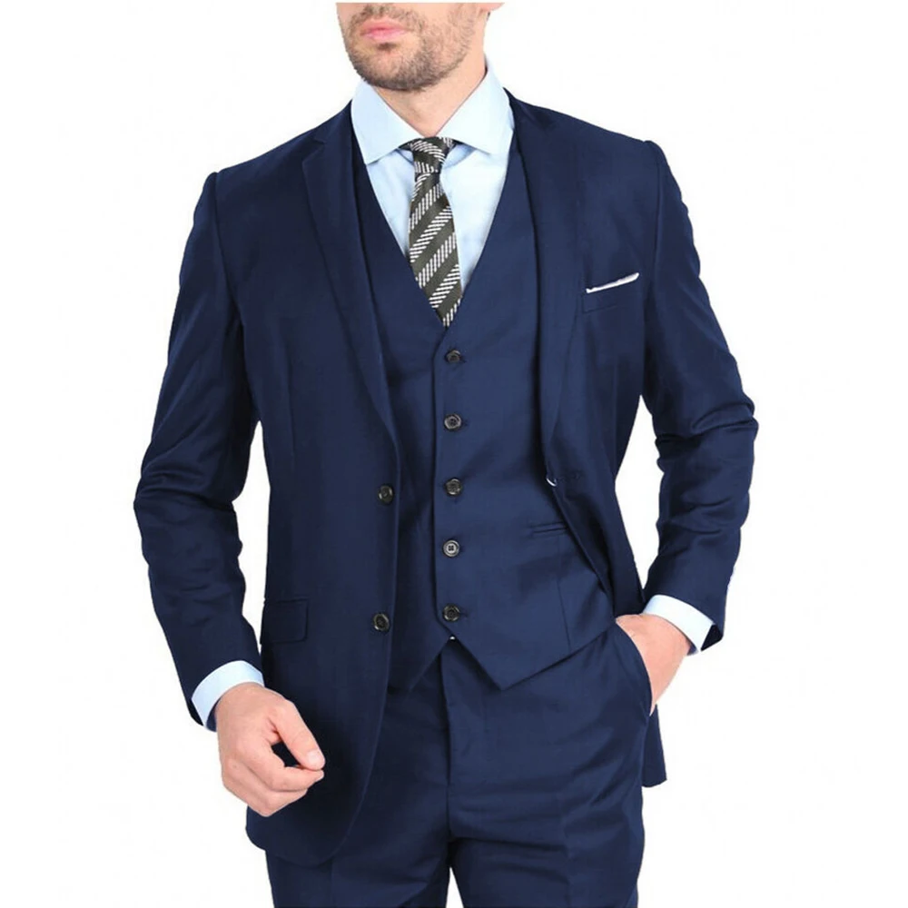 Navy Blue Male Tuxedo For Wedding Notched Lapel Two Buttons 3 Pieces Men Suit Groom Wear Tuxedo Blazer+Vest+Pants Costume Homme