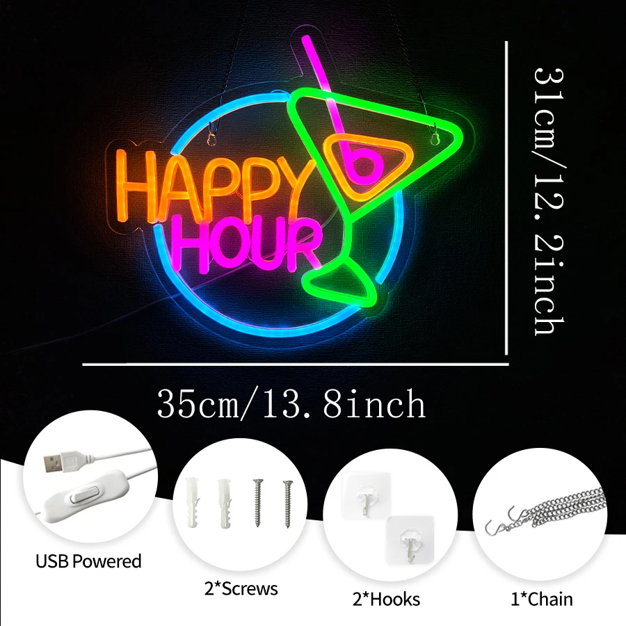 해피 아워 네온사인 LED 네온 바 사인, 가정용 바, USB 전원, 밝은 칵테일, 벽 장식, 펍, 맨케이브, 바 액세서리