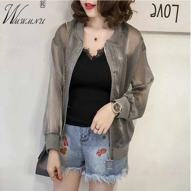 Summer Bright Silk Short Jacket Women Korean Fashion Sun Protection Bomber Chaquetas Thin Spring Veste Long Sleeve Gauze Tops women winter coat bright face wash down cotton padded jacket women 2023 new loose short show thin man cotton padded jack wr029et