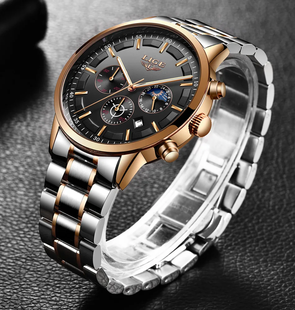 LIGE Men Watches Steel Wristwatch Sport Waterproof Chronograph Analog Quartz Watch Man Business Date Clock Luxury Watch for Men