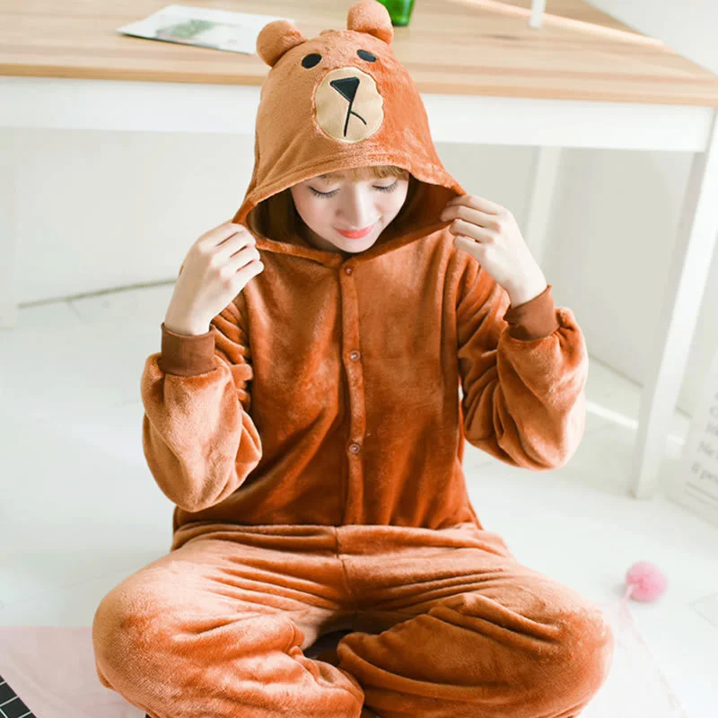 Unisex Onesie Flannel Thermal  Sleepwear Kigurumi Cartoon Animal Cosplay Costumes Brown Bear One-piece Pajamas Hooded Jumpsuit