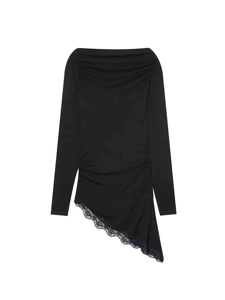 Women Solid Tee Shirts Fashion Asymmetrical Tee Elegant Boat Neck Blouse Long Sleeve Casual Lace Splice Chic Tops 2026 New