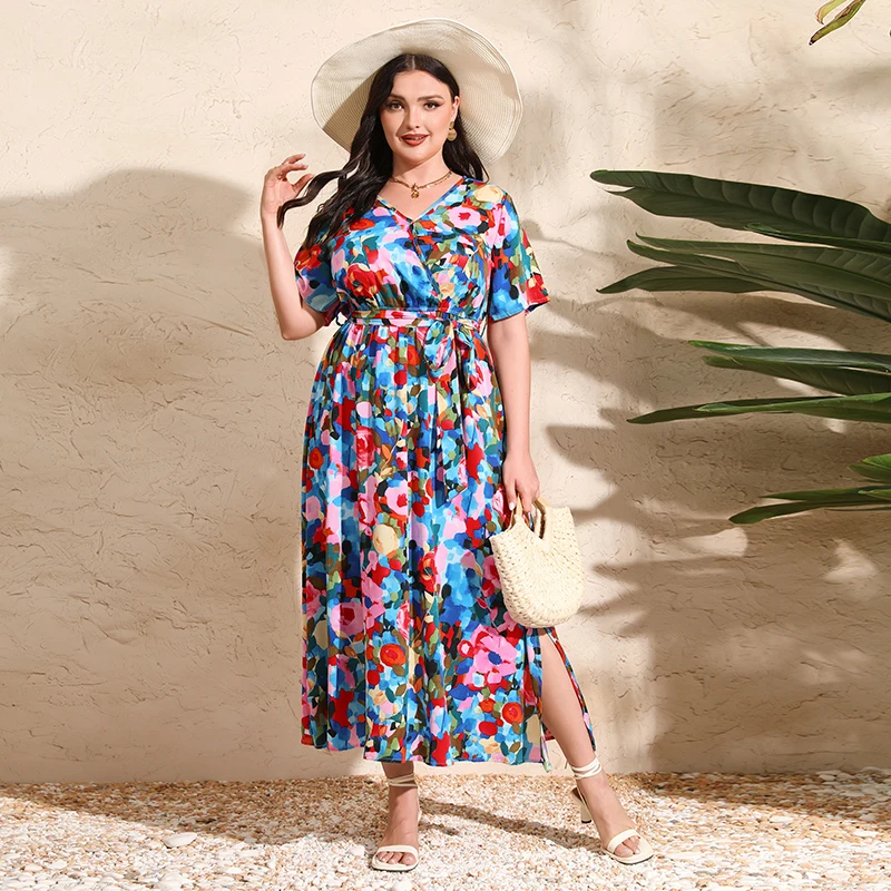 

Summer Women Bohemian Print Maxi Dress Plus Size Holiday Sundress Dubai Abaya Kaftan Floral Short Sleeve Long Dresses Vestidos