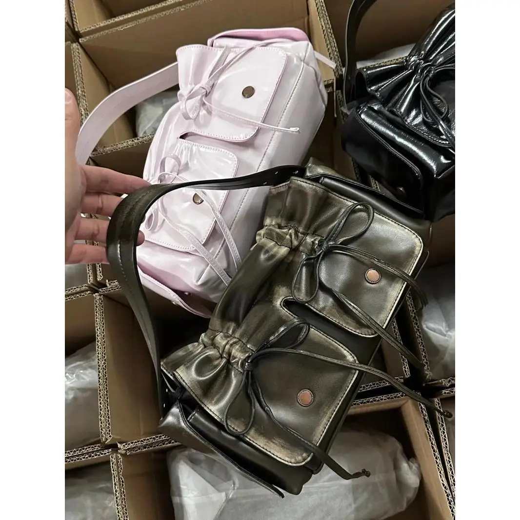 Richme Wrinkled Women Summer Bag 2024 E Girl Lacquer Leather Bow Crossbody Shoulder Bags Luxury Solid Individuality Bolso Mujer