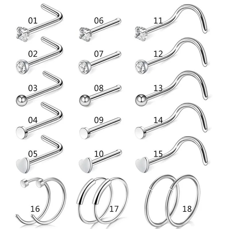 18 Pcs Surgical Steel Nose Studs Screws For Women Double Hoop Nostril
