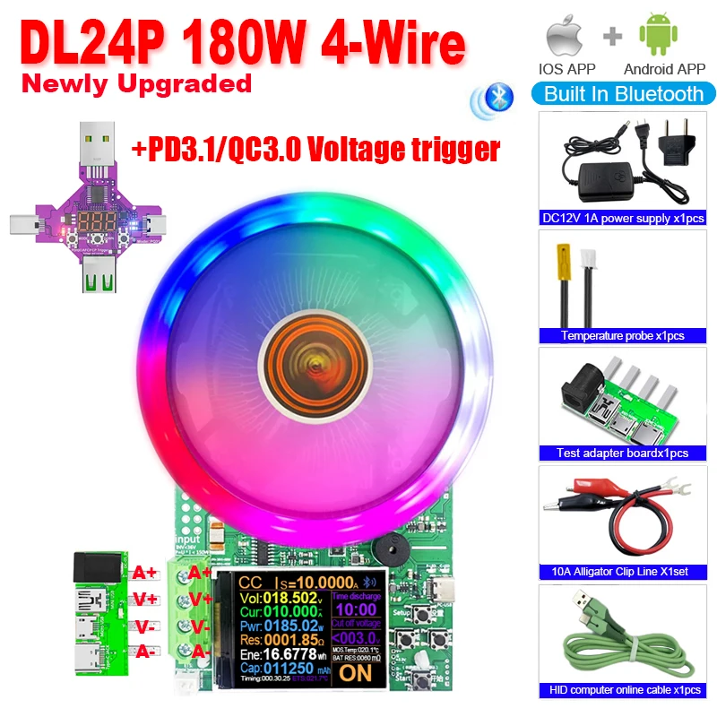 180w dc testador app carga eletrônica bateria de lítio capacidade monitor descarga carga medidor de energia verificador de alimentação + gatilho pd/qc