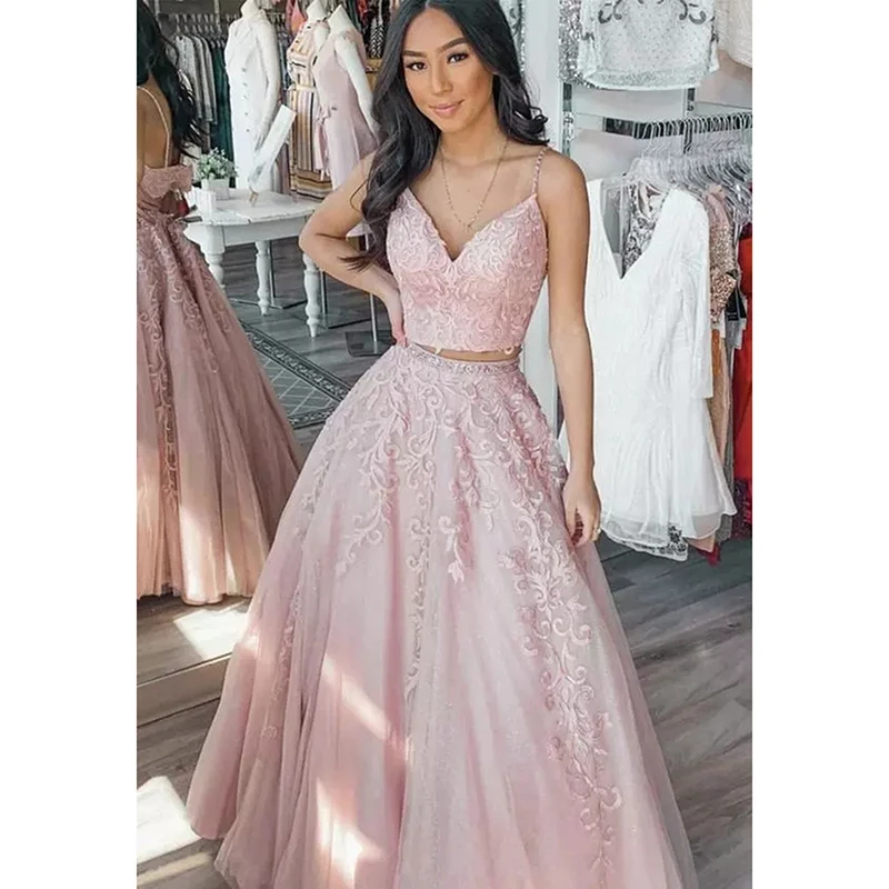

Two Pieces Spaghetti Straps Prom Dress 2023 Formal Party Night Vestidos De Gala Pink Lace Appliques Graduation Evening Gowns