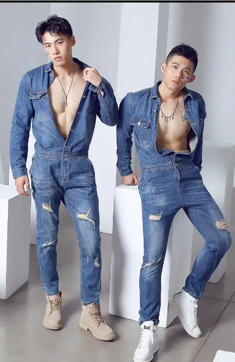 2023 trendy men's fashion tattered blue denim jumpsuit British men's casual pure cotton denim slim fitting jumpsuit
