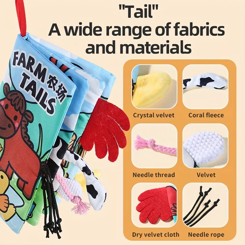 Infant Tail Cloth Book Animals Farm Theme Baby Books Toys Washable Non-toxic Crinkle Cloth Books for Kids Early Education Toys 4