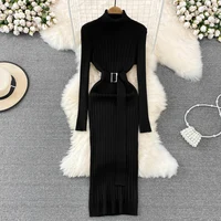 YuooMuoo Ins Hot Turtleneck Sexy Wrap Hips Knitted Dresses Women 2025 Autumn Winter Long Sleeve Bodycon Sweater Dress with Belt - Image 5