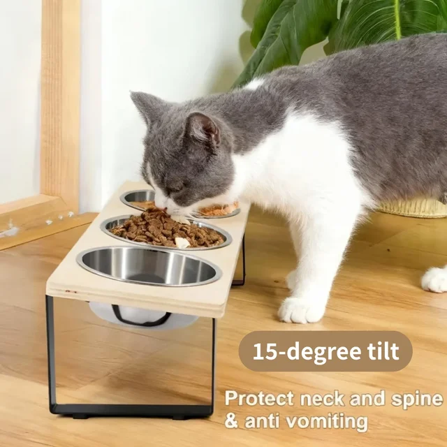 Elevated Cat Bowls - Set of 2/3 stainless steel Pet Food Bowls with Wooden & Metal Stand - 15 degree tilt Cat accessories