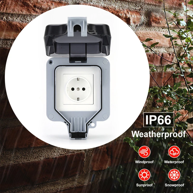 

High Quality IP66 Weatherproof Outdoor Wall Power Socket 16A Double EU Standard Electrical Outlet Grounded AC 110~240V