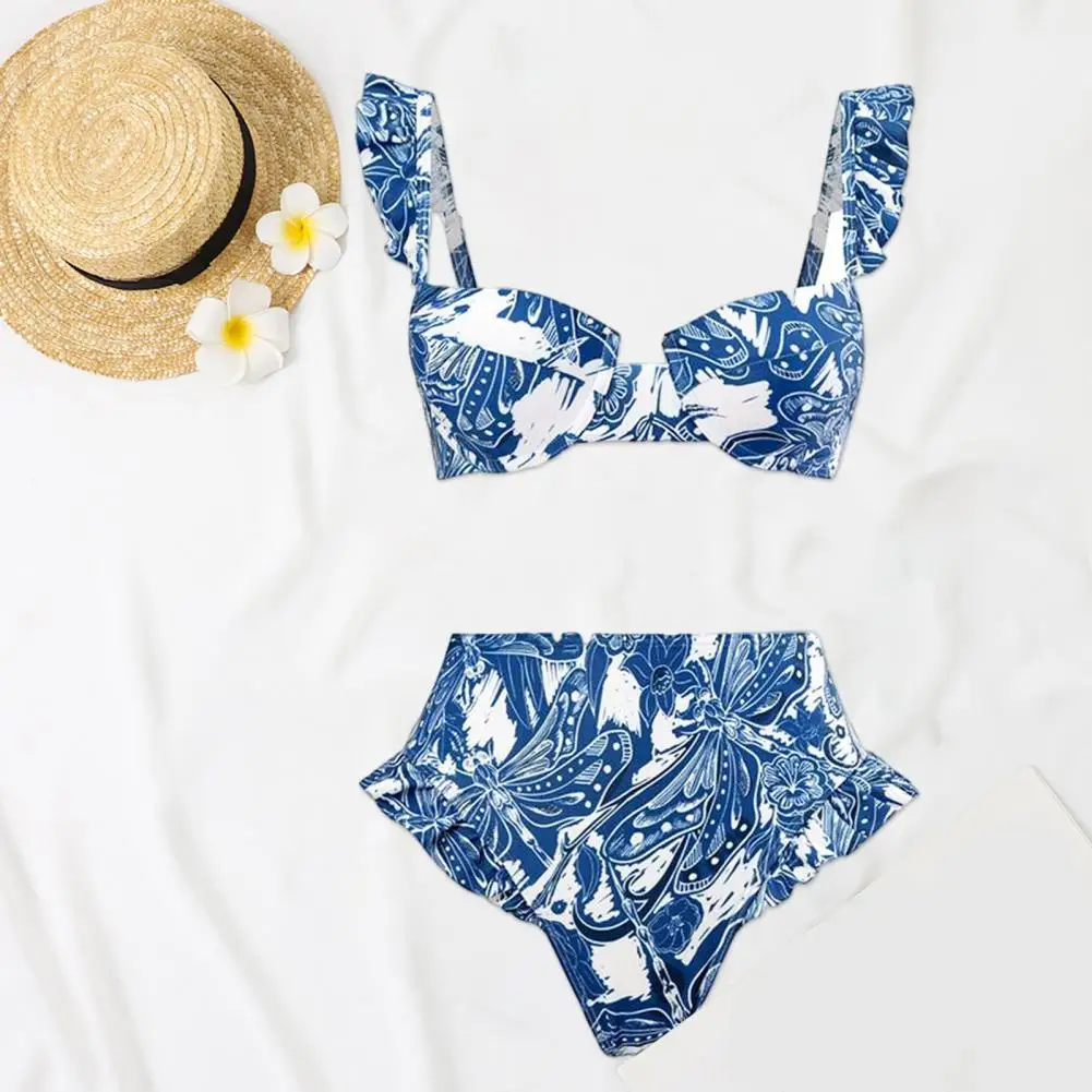 

Vintage Printed Swimwear Bohemia Style Ruffle Sleeve Bandeau Bra High Waist Swim Set Floral Print Two Piece Bathing Suit Women