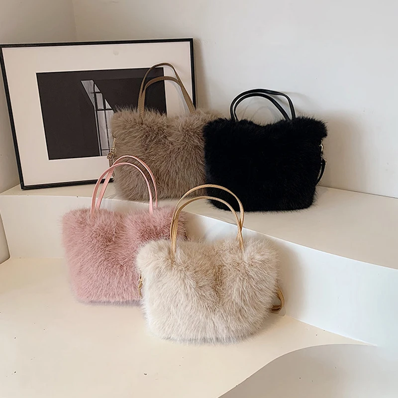 Luxury Faux Fur Ladies Square Shoulder Bags Winter Fluffy Female Crossbody Bag Soft Furry Plush Women's Small Handbags Purse