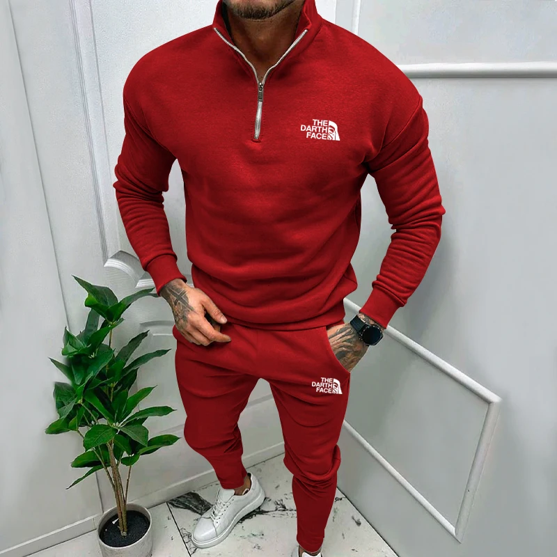 Autumn and Winter New Men's Casual Set Solid Color Versatile Outdoor Thickened V-neck Long Sleeve Pants Men's Two Piece Set