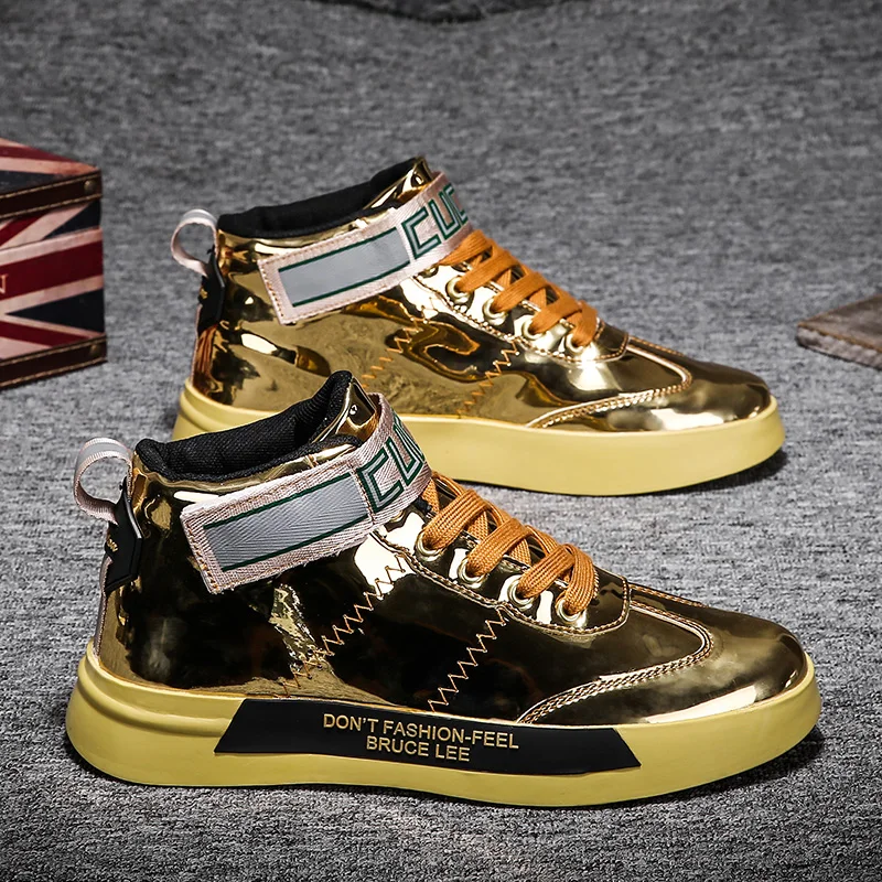 

Fashion Golden Men Skateboard Shoes Platform Design Glitter Shoes Comfort Vulcanized Shoes Men High top Casual Sneakers Size 46