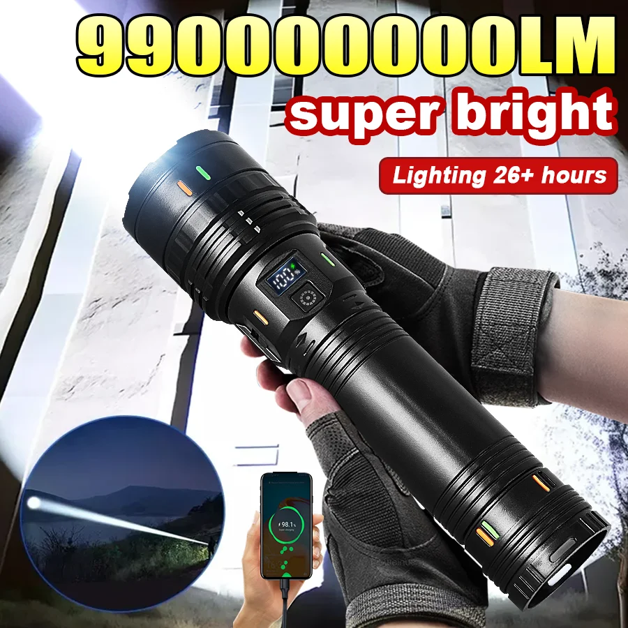 990000000LM 고출력 LED 손전등 충전식 휴대용 조명 가장 밝은 전술 토치 장거리 캠핑 사냥 램프