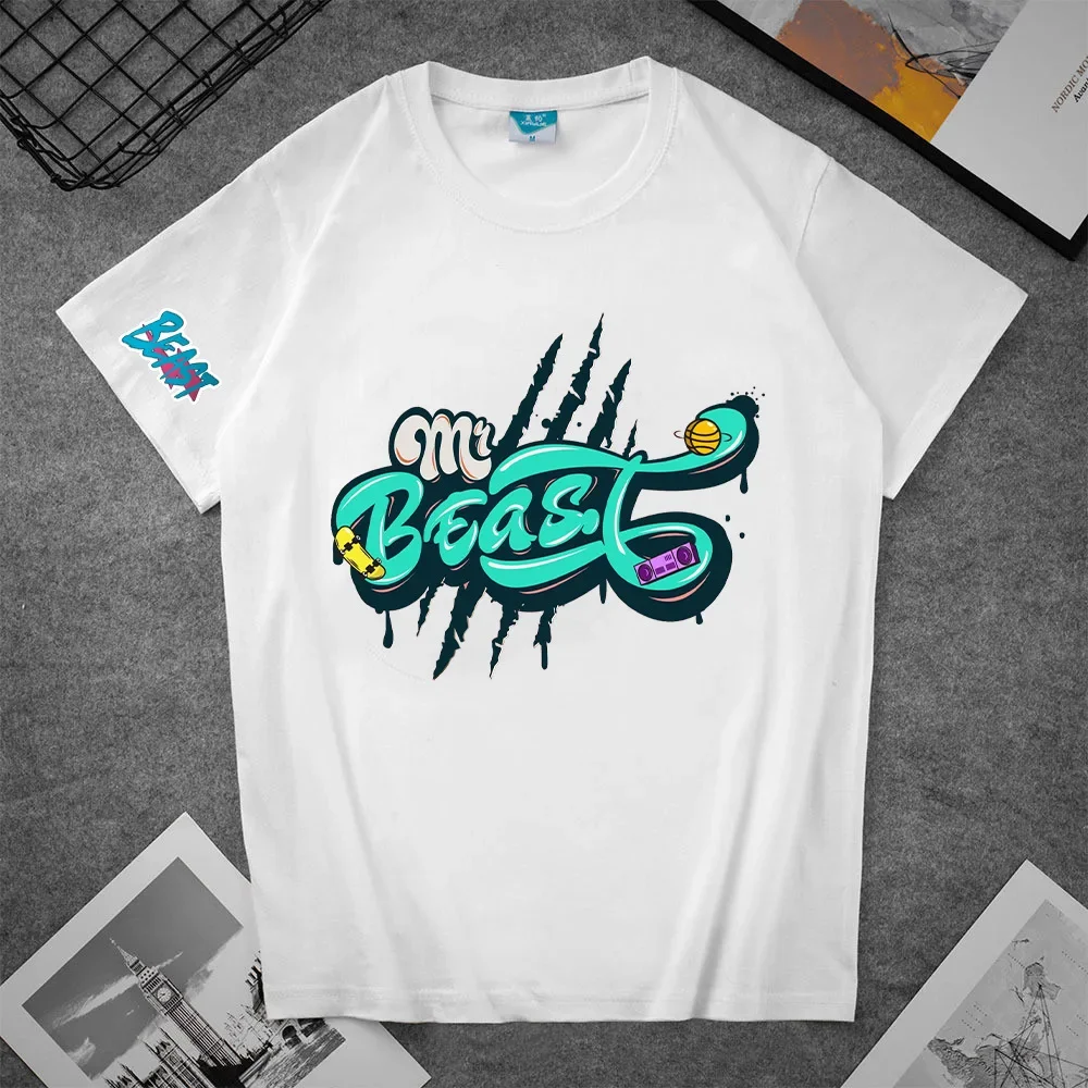 thumbnail image 1 of Camiseta de manga corta en blanco y negro de Mr Beast, de algodón de alta calidad, con cuello redondo y diseño de dibujos animados impresos para hombres y mujeres, 1 of 5