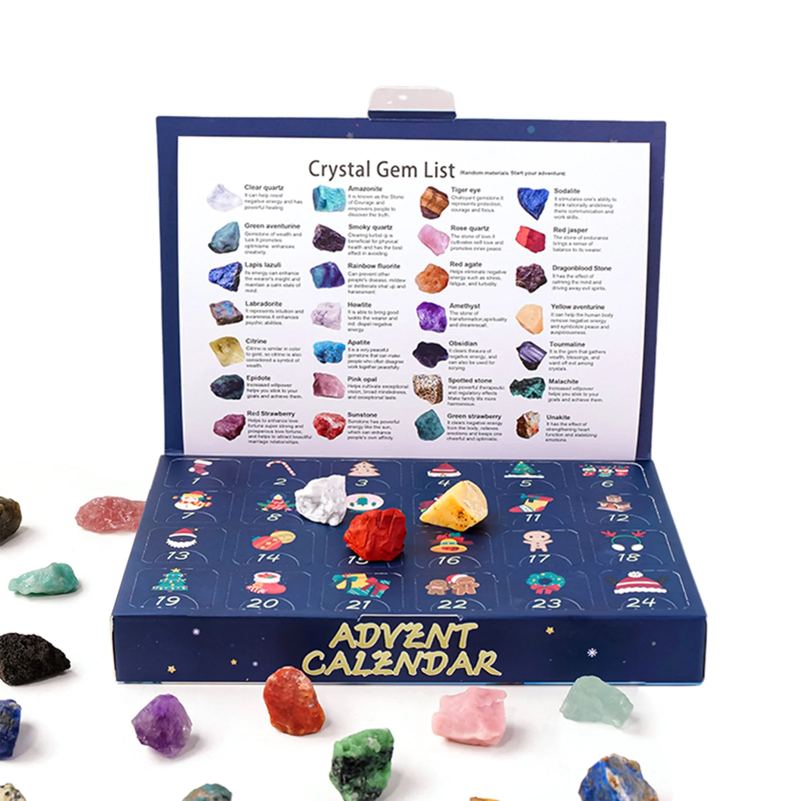 Crystals-Gemstone Advents Calendar 24pcs Colorful Collectible Crystals Rock Present Box for Children Adult