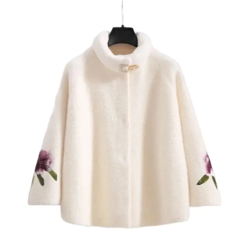 

Женская бархатная куртка с круглым вырезом, Свободная трикотажная куртка из искусственной норки с вышивкой, кардиган для весны и осени, 2023