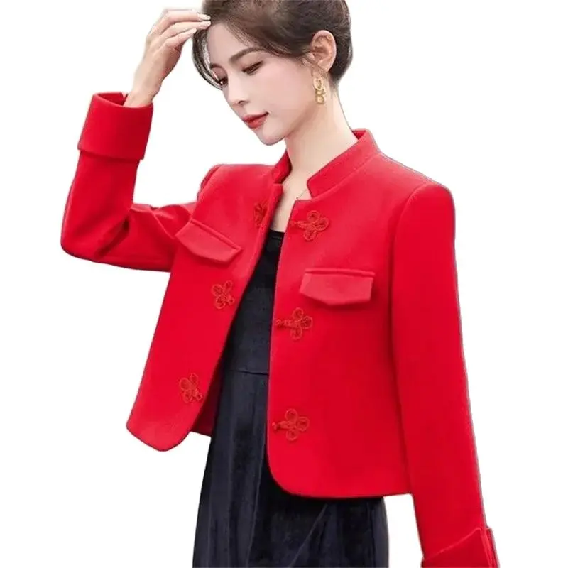 

Куртка женская короткая шерстяная с круглым вырезом, свободная верхняя одежда, однотонное пальто с пряжкой в виде катушки, весна-осень