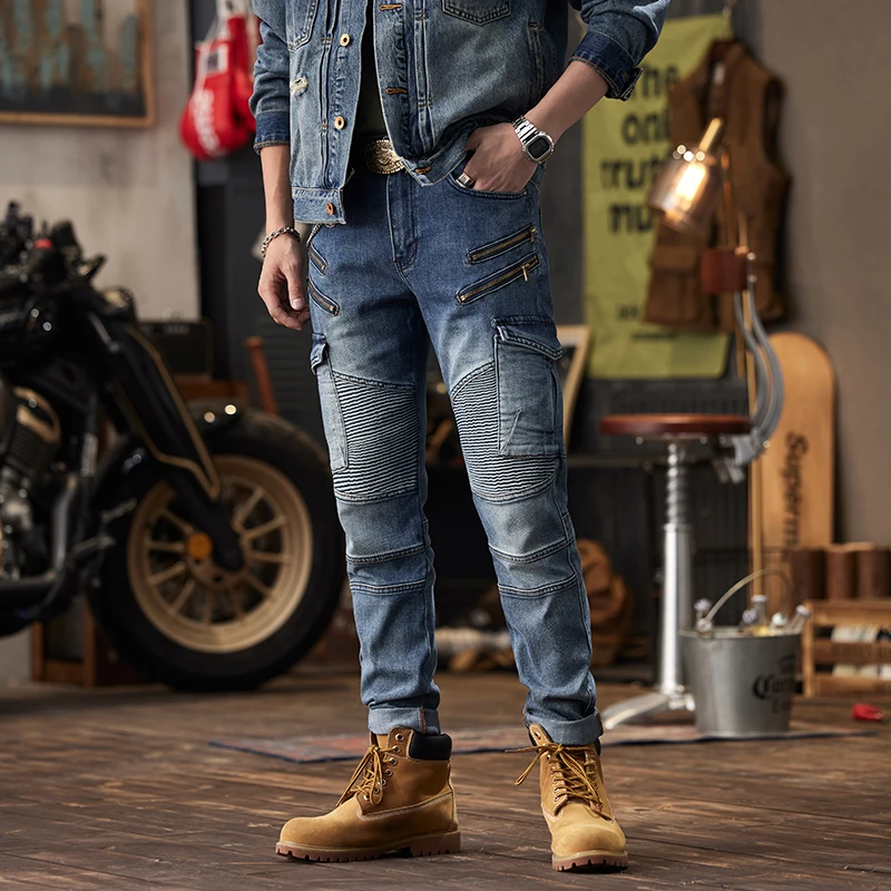 

Men's Stitching Pleated Cargo Jeans Locomotive Style Fashion Casual High-End Washing Craft Punk Tappered Pants