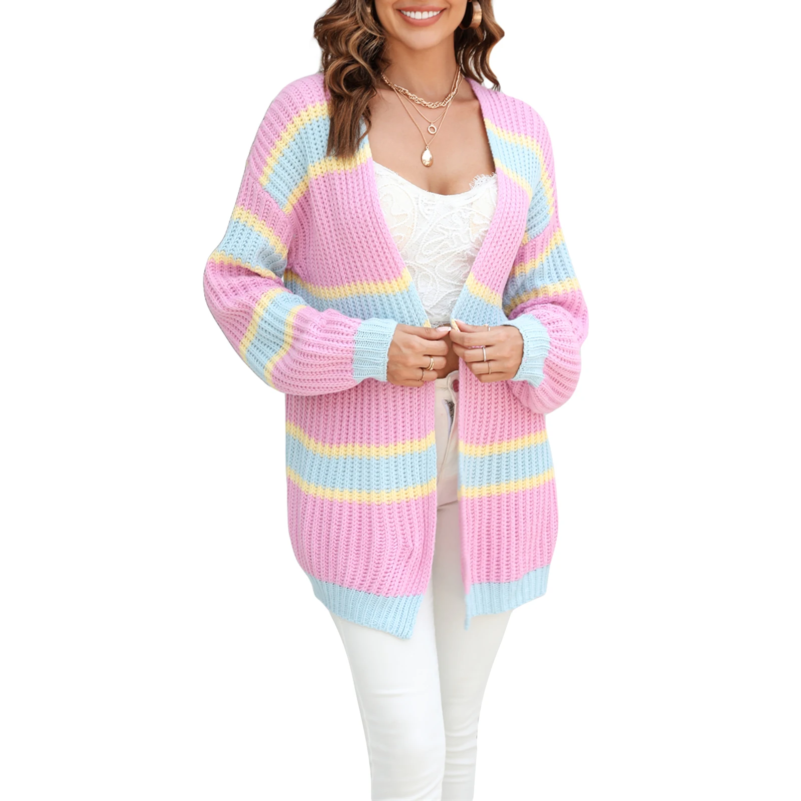 

Женский трикотажный кардиган с длинным рукавом контрастных цветов