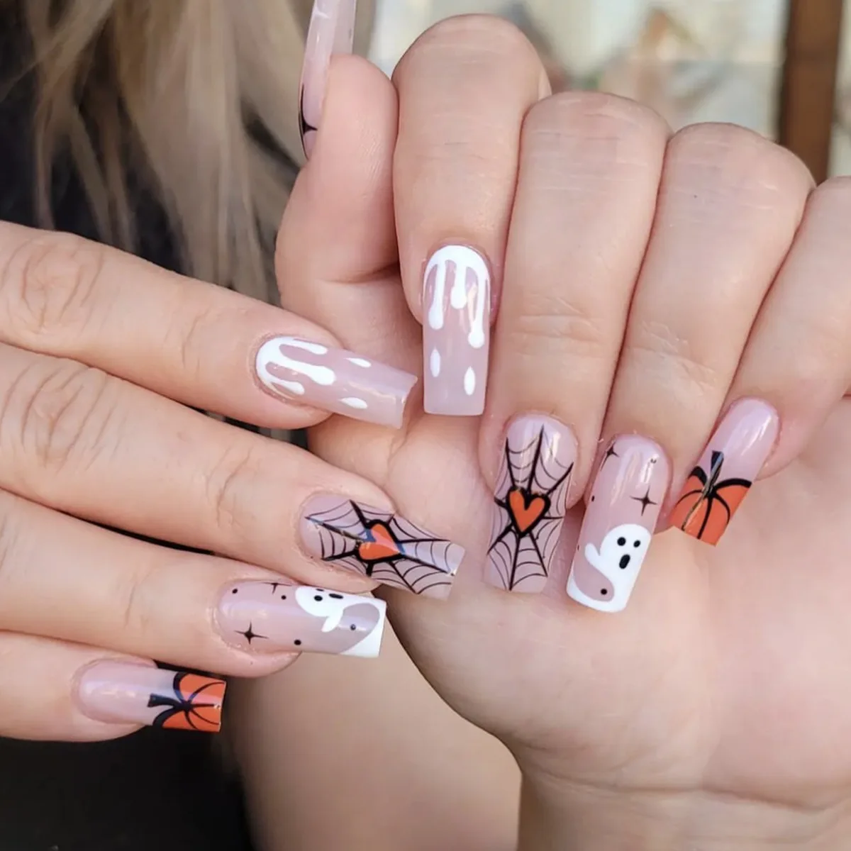 

3D fake nails accessories for halloween spider web ghost pumpkin design long french coffin tips faux ongles press on false nail