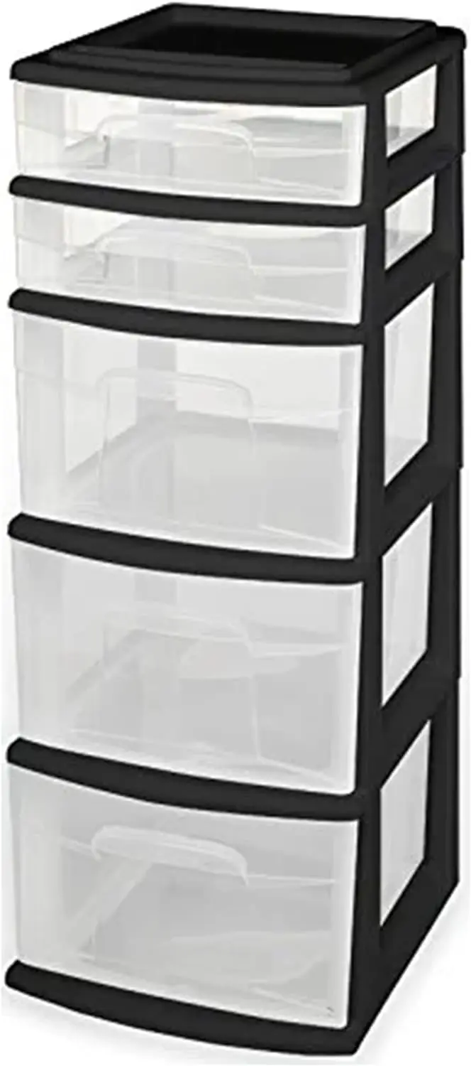 

Plastic 5 Clear Drawer Medium Home Organization Storage Container Tower with 3 Large Drawers and 2 Small Drawers, Black Frame