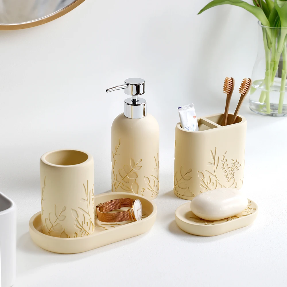 Bathroom 5-piece soap dispenser mouthwash cup toothbrush holder soap tray bottle body carved pattern