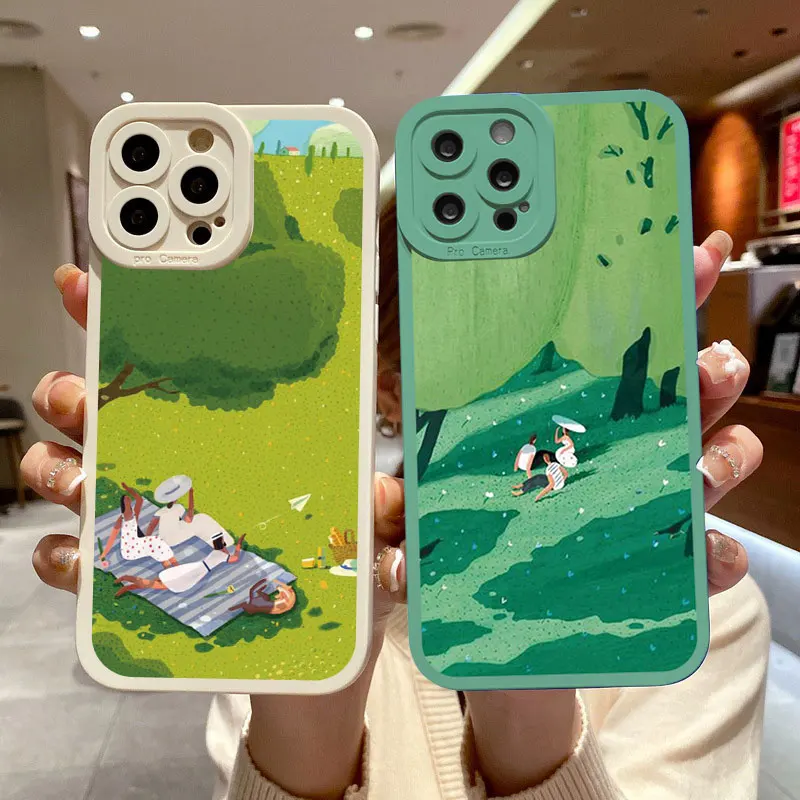 Charming Cartoon Green Lawn Soft Phone Case – Vintage Cute Suburban Relaxation Design