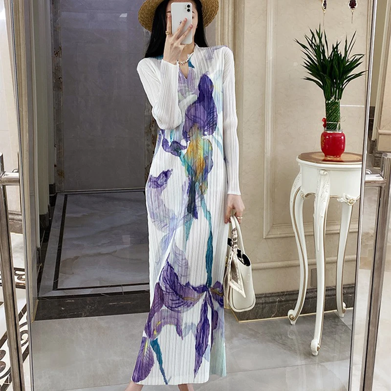 

Miyake Pleated Dress For Women Spring Summer New Printed Pleated Dress Loose Temperament Y2K Casual Dress Plus Size Dress