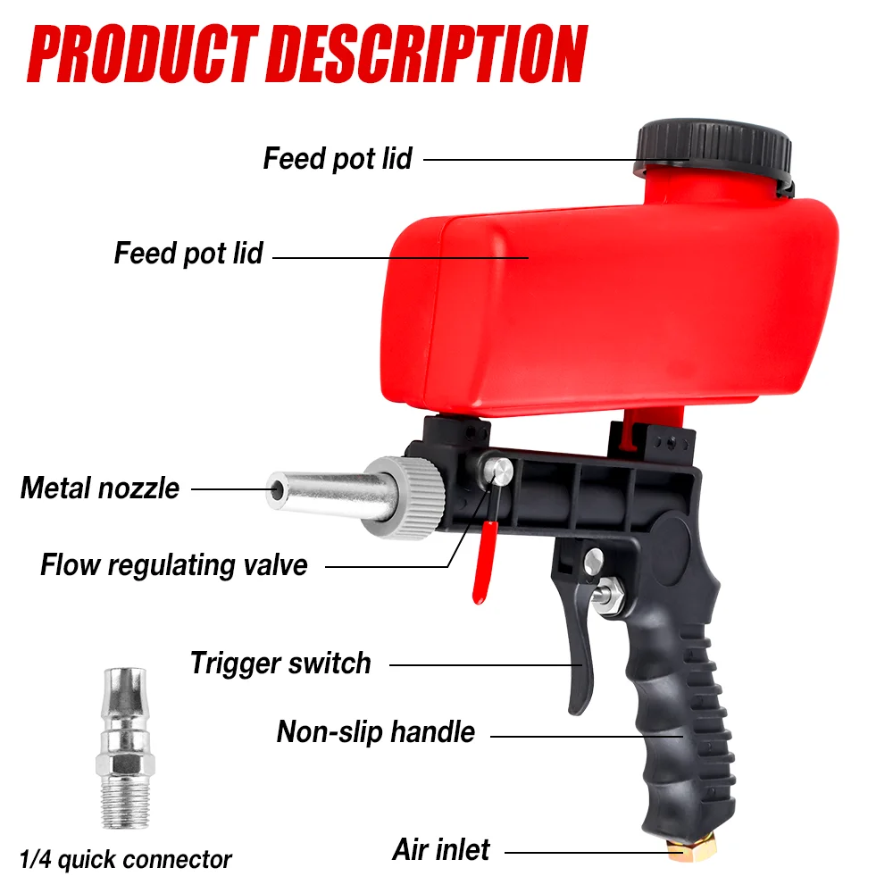 90psi Adjustable Pneumatic Sandblasting Gun, 2.1lbs Portable Home Sandblasting Machine, Cordless Gravity Small Handheld Air Tool 3