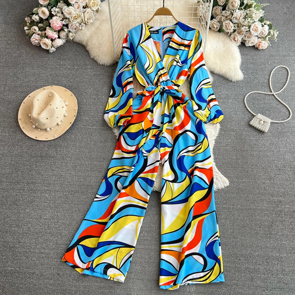 

Clothland Women Elegant Print Jumpsuits V Neck Long Sleeve One Piece Sashes Chic Female Playsuits Mujer KA409