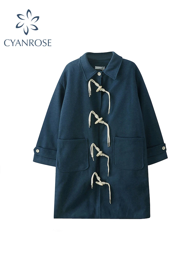 

Women's Blue Coat Korean Vintage Wool Overcoat Warm Outerwear Long Sleeve Single Breasted Loose Jacket 2000s Clothes Winter 2023