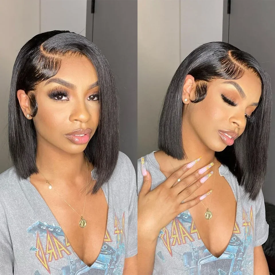 

200% Short Bob Straight 13x4 HD Transparent Lace Front Human Hair Wig Bone Straight 13x6 Lace Frontal Wigs Human Hair For Women